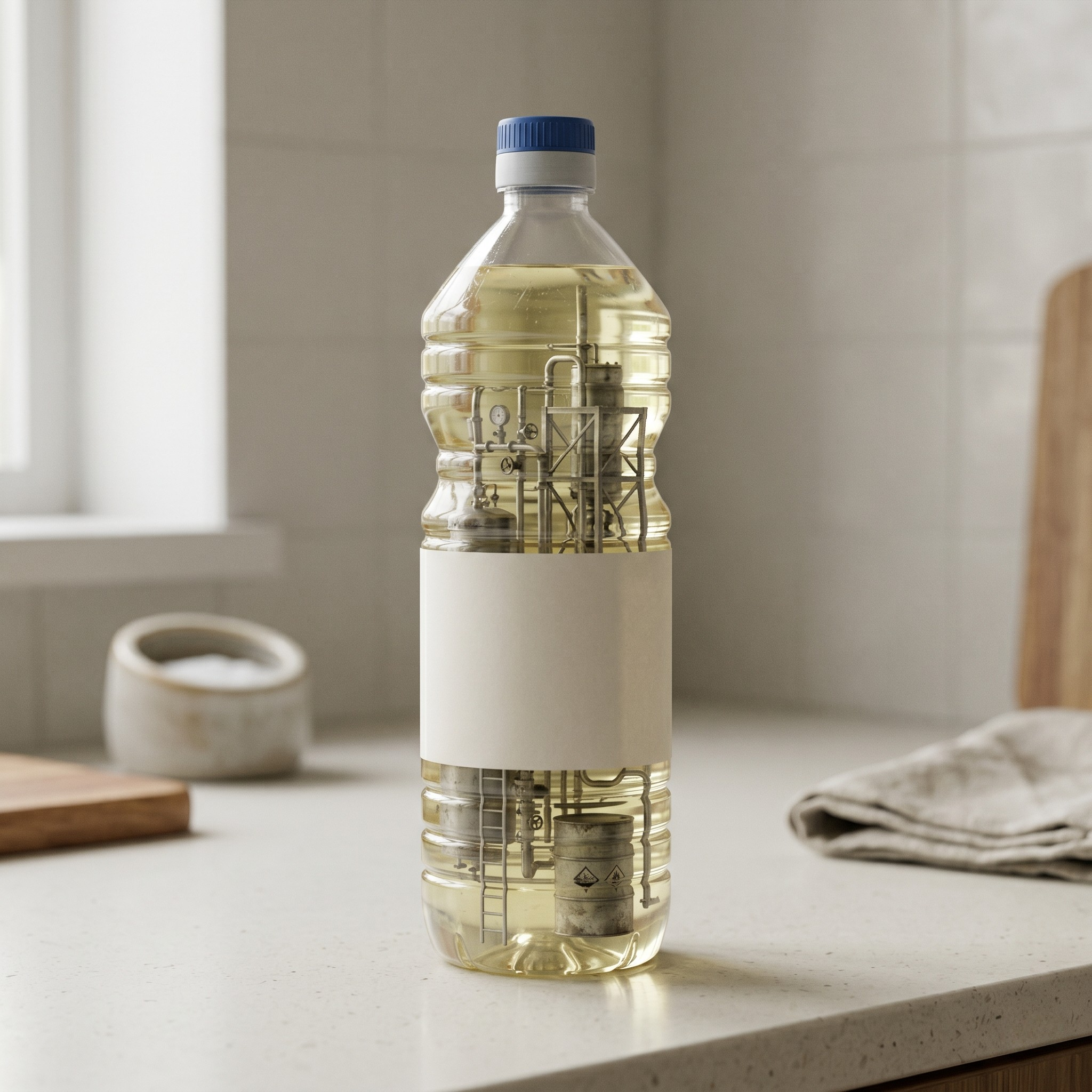 Clear plastic bottle of vegetable oil revealing an industrial refinery inside it