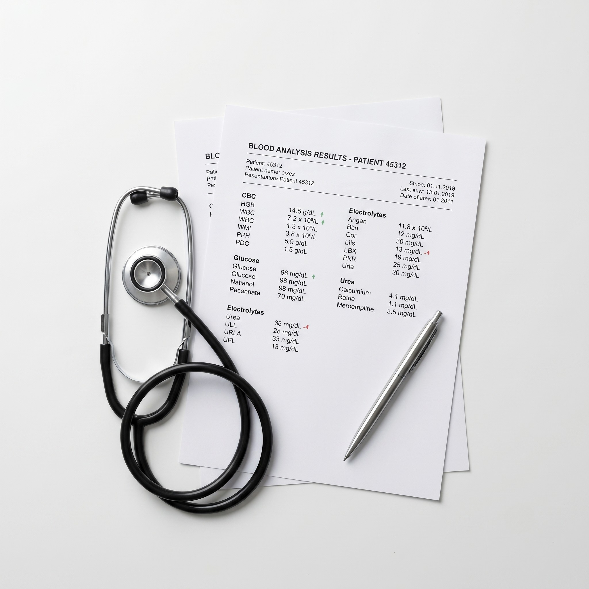 Before and after keto blood analysis lab results on a desk with a stethoscope