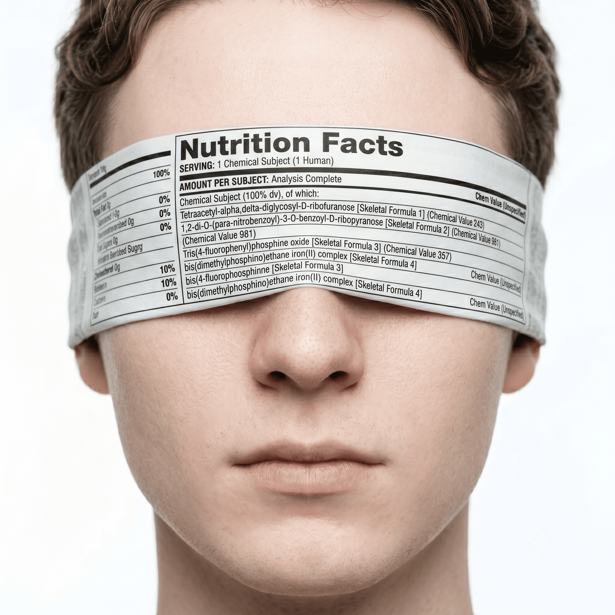 Man blindfolded by a Nutrition Facts label, symbolizing hidden truths about fat