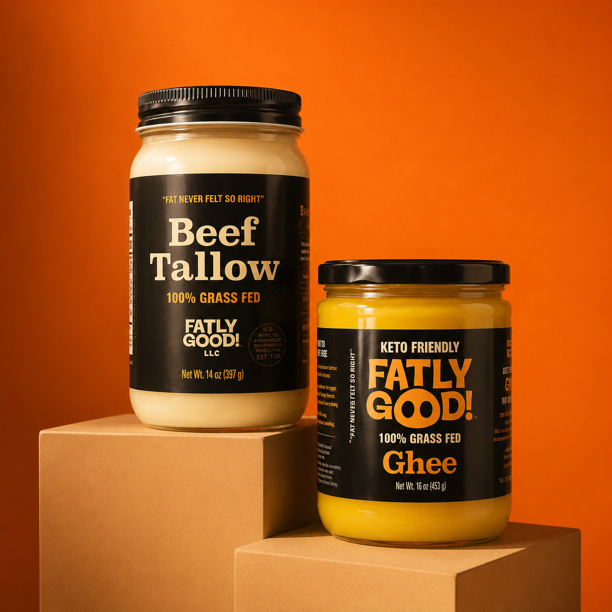 A jar of Fatly Good Beef Tallow and Ghee