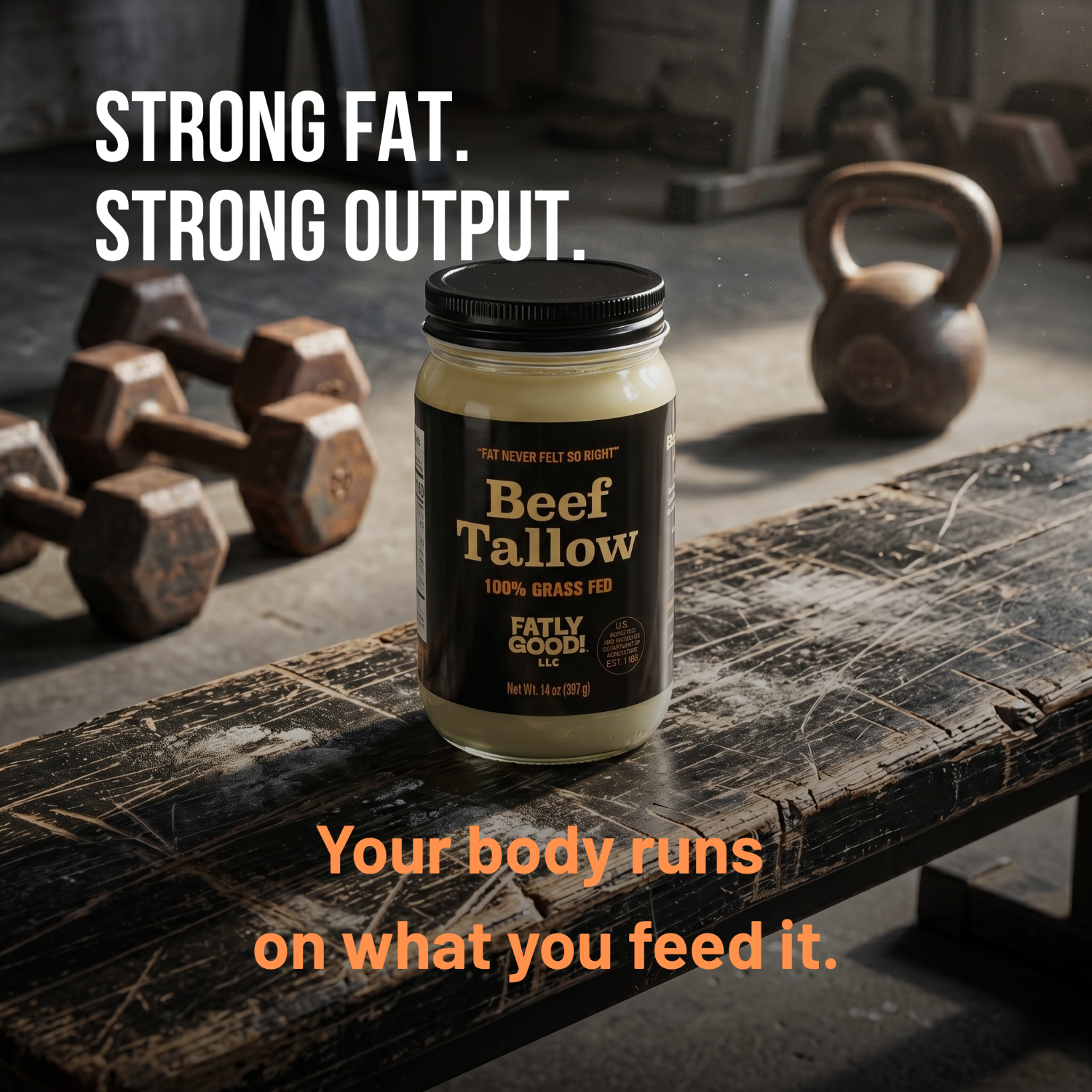 Jar of Beef Tallow on a wooden surface with gym equipment in the background