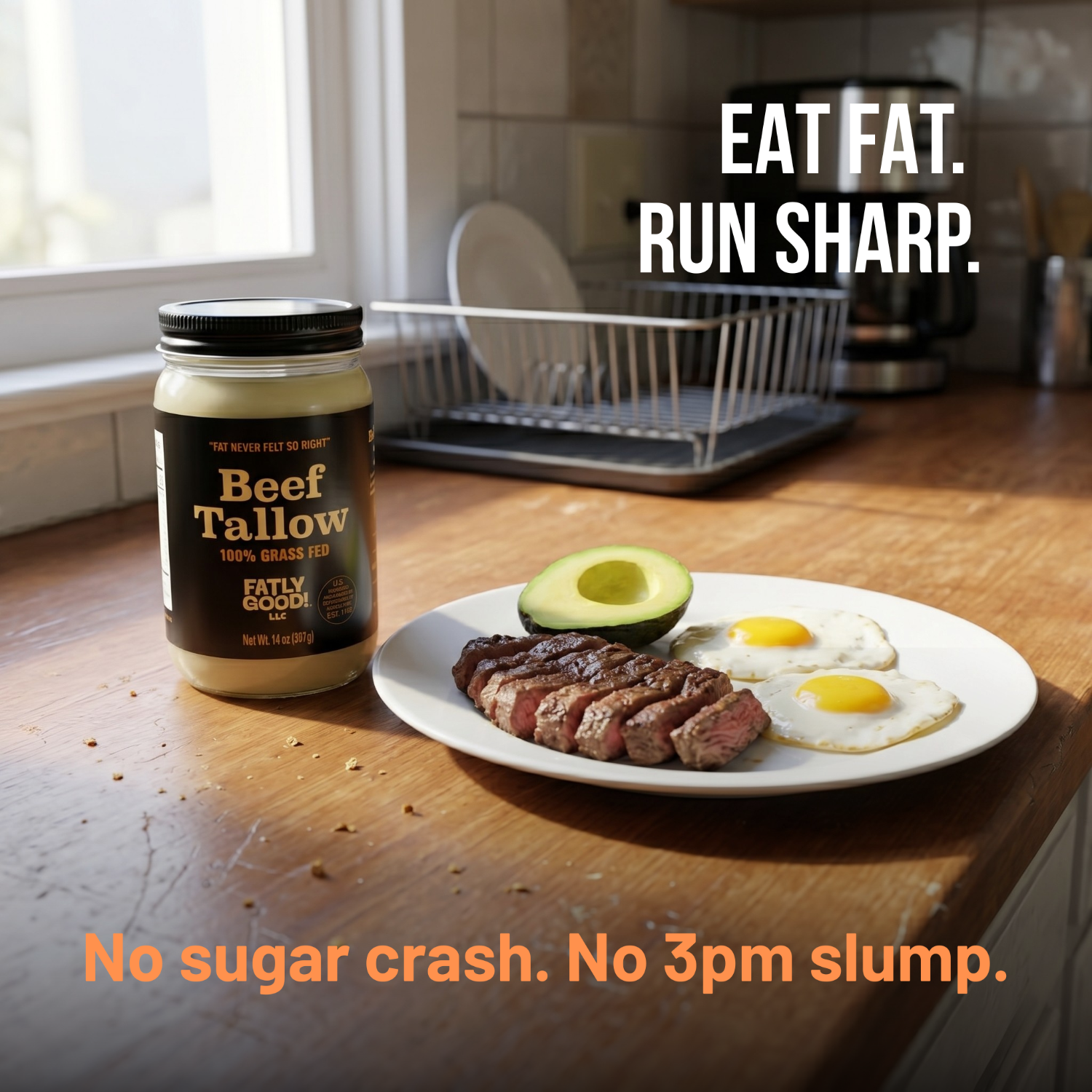 Fatly Good Beef tallow container with a plate of steak, eggs, and avocado on a kitchen counter.
