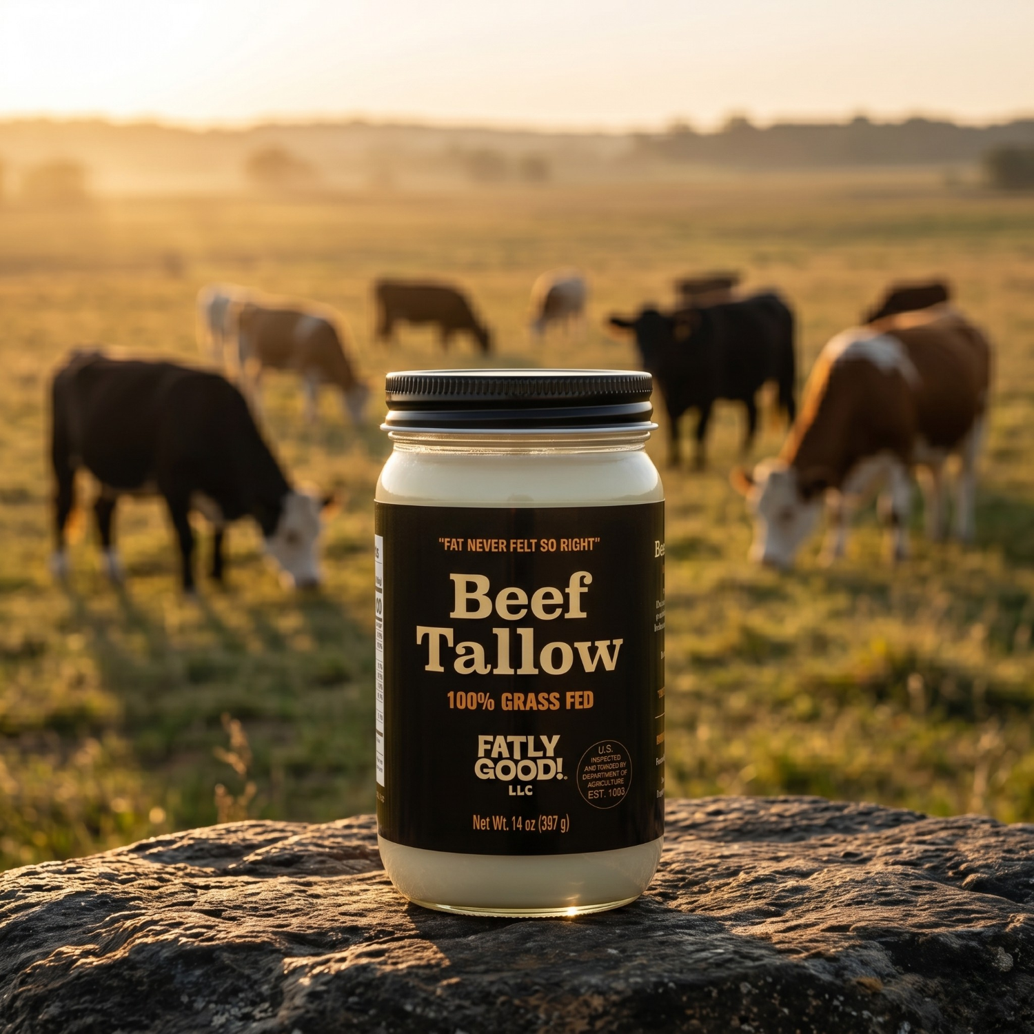 Jar of Beef Tallow with cows grazing in a field in the background