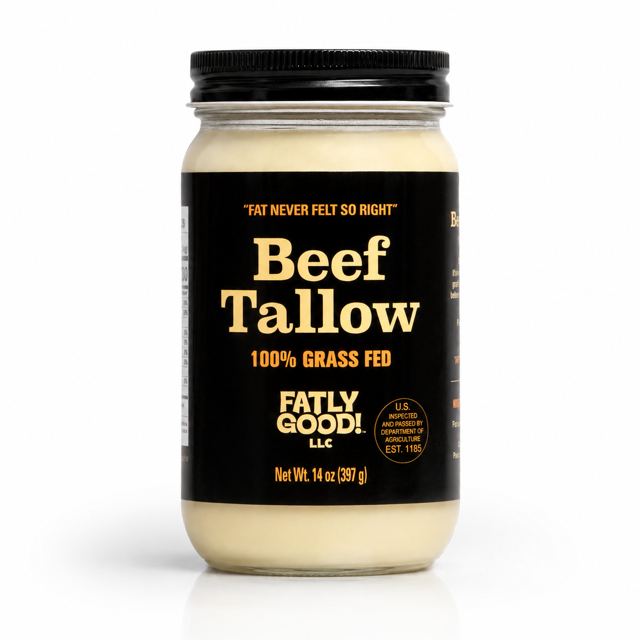 Jar of Fatly Good  beef tallow with a black label on a white background