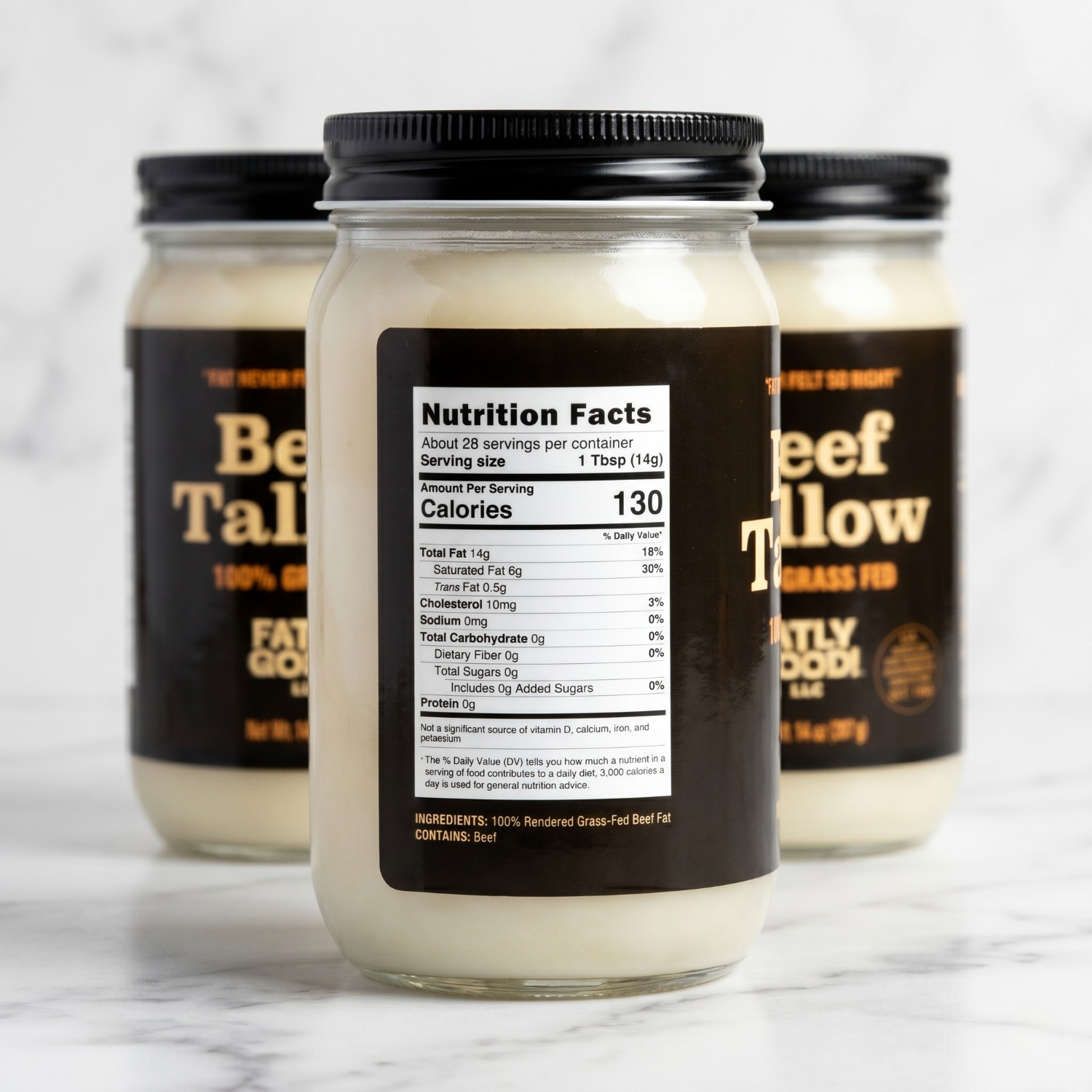 Three jars of beef tail oil with nutrition label on a marble surface