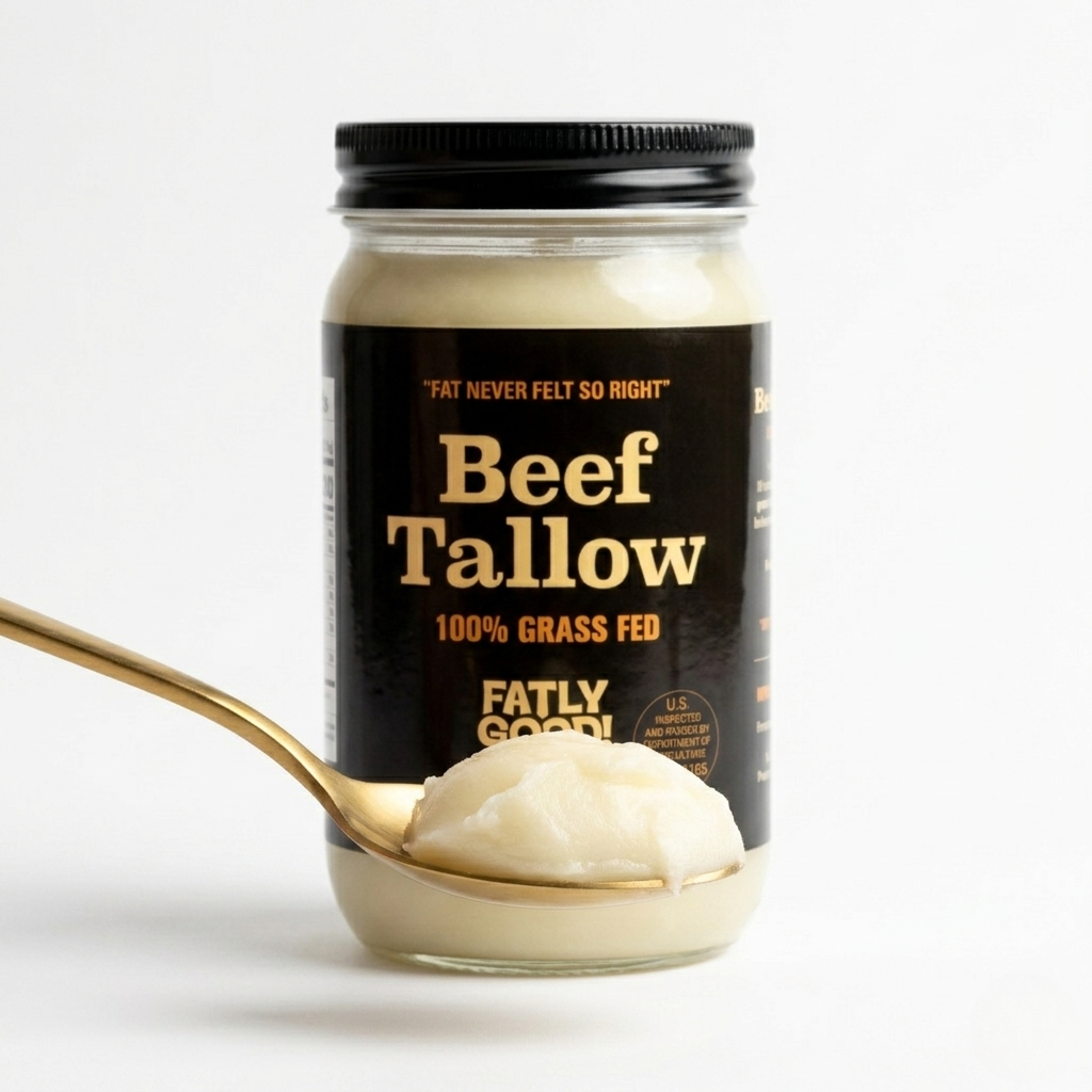 Jar of  fatly good beef tallow with a spoonful of tallow on a white background