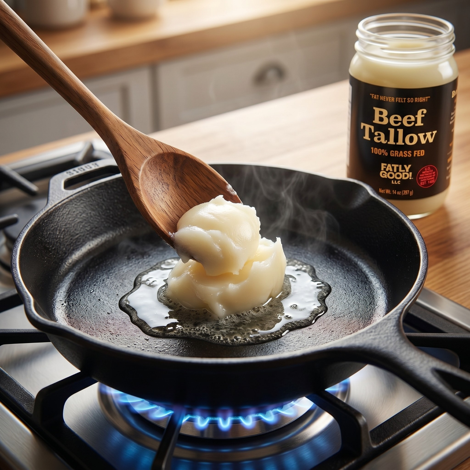 Beef tallow being added to a hot pan on a stove with a jar of beef tallow in the background.