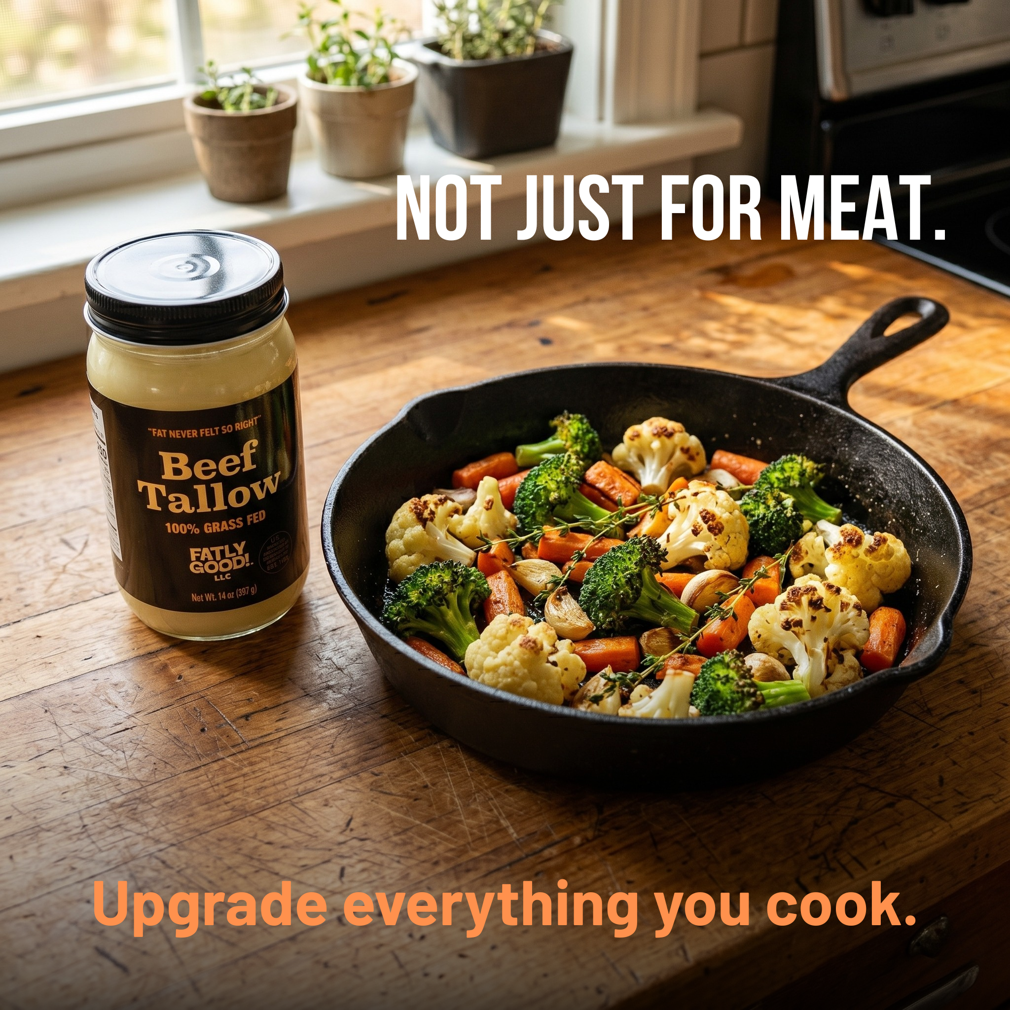 Fatty Good Beef Tallow jar next to a skillet with vegetables on a wooden table.