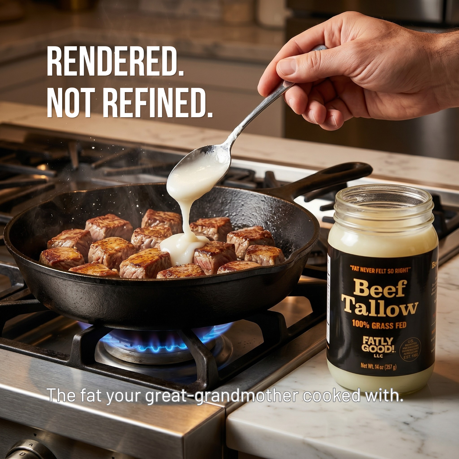 Person spooning beef tallow into a frying pan with a jar of beef tallow on a stove.