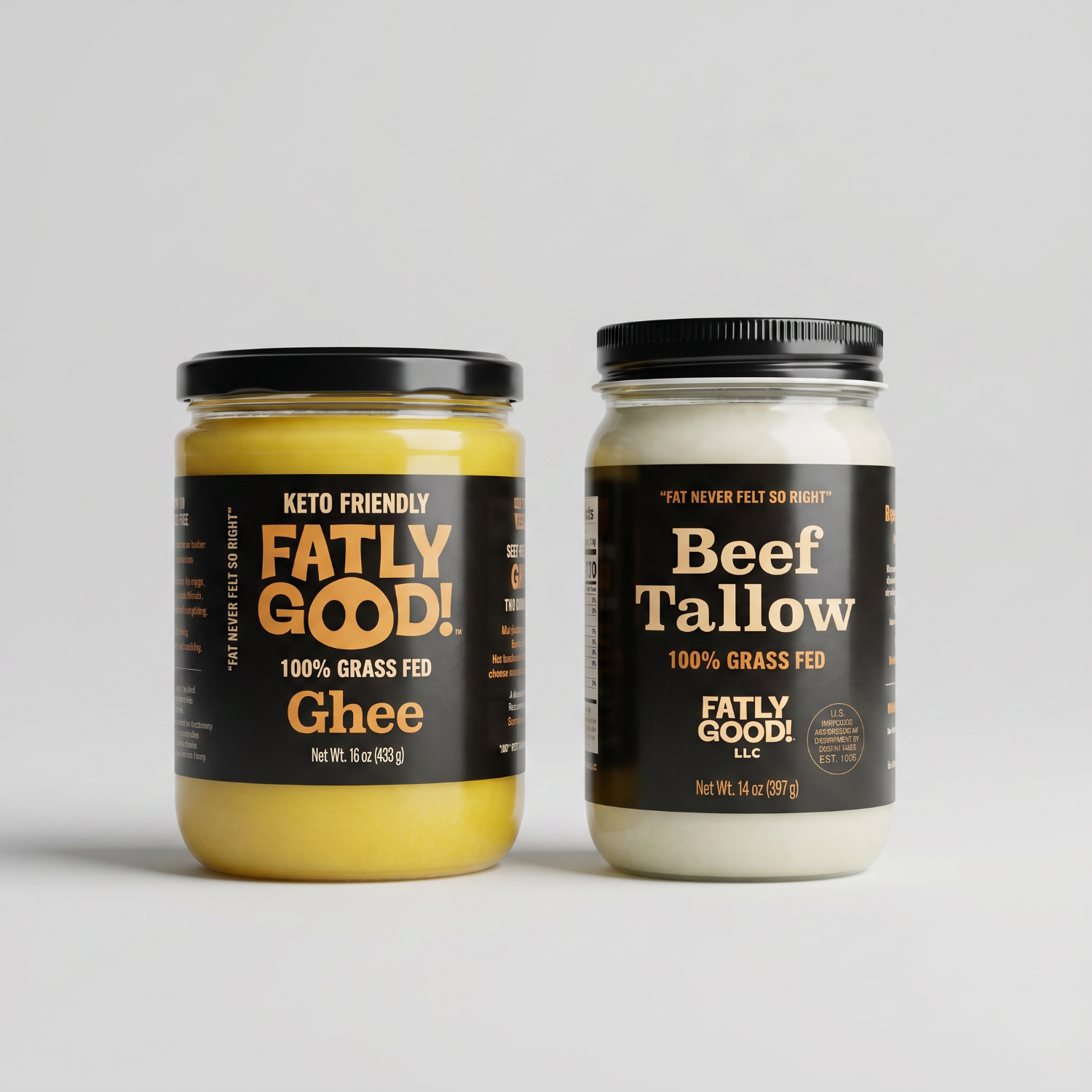 Two jars of 'Fatly Good!' products on a light gray background