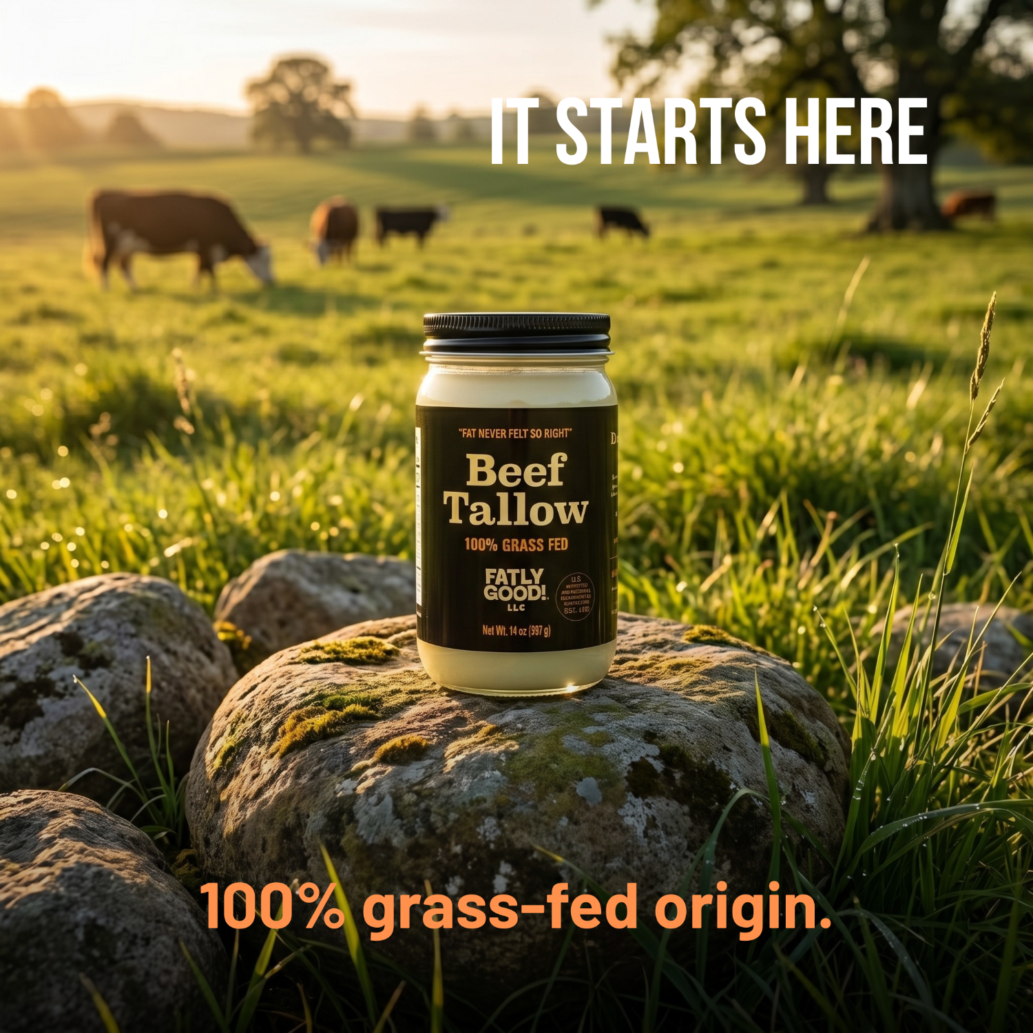 Jar of beef tallow on a rock with cows in a field and 'It Starts Here' text.