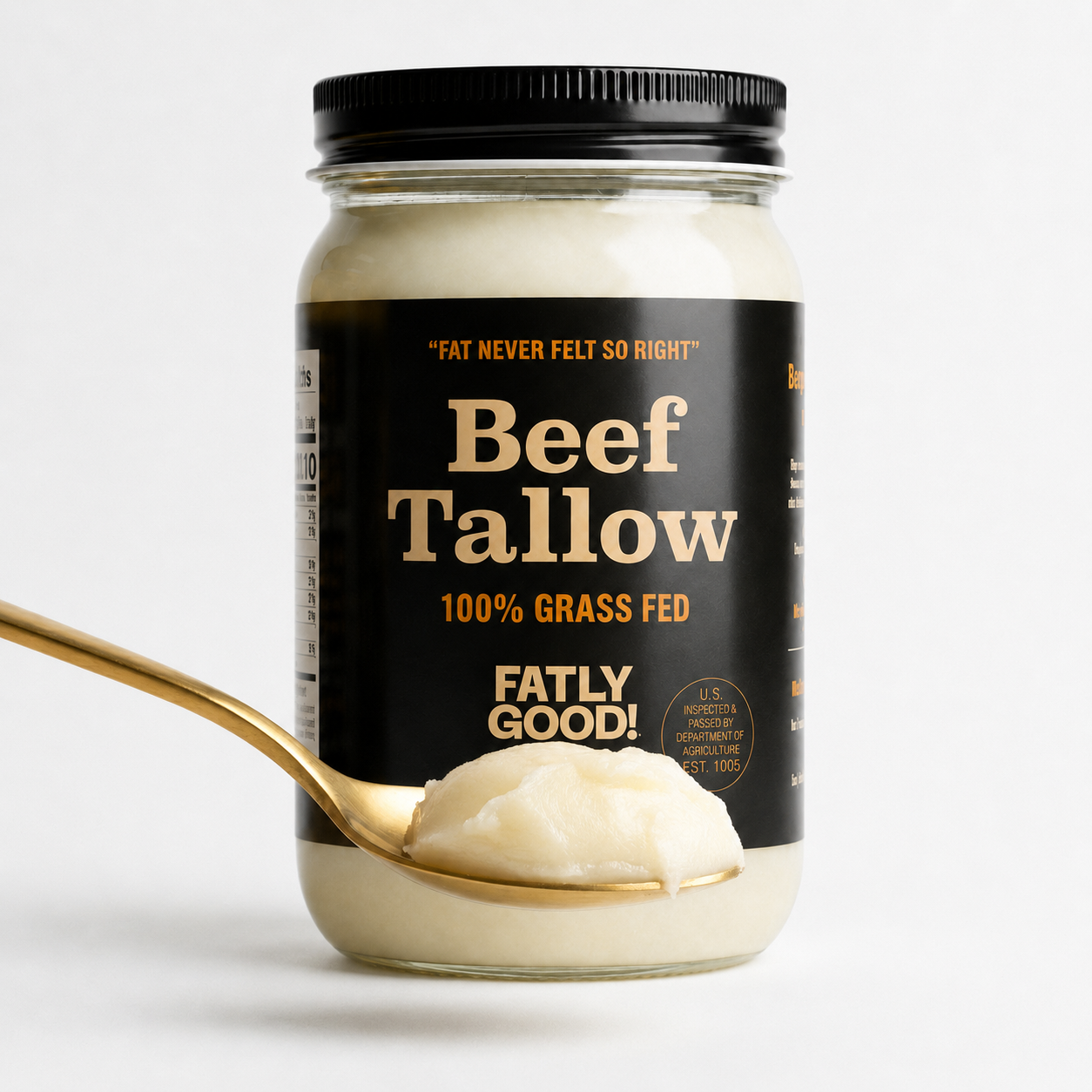 Spoonful of Fatly Good grass-fed beef tallow next to the jar on a white background