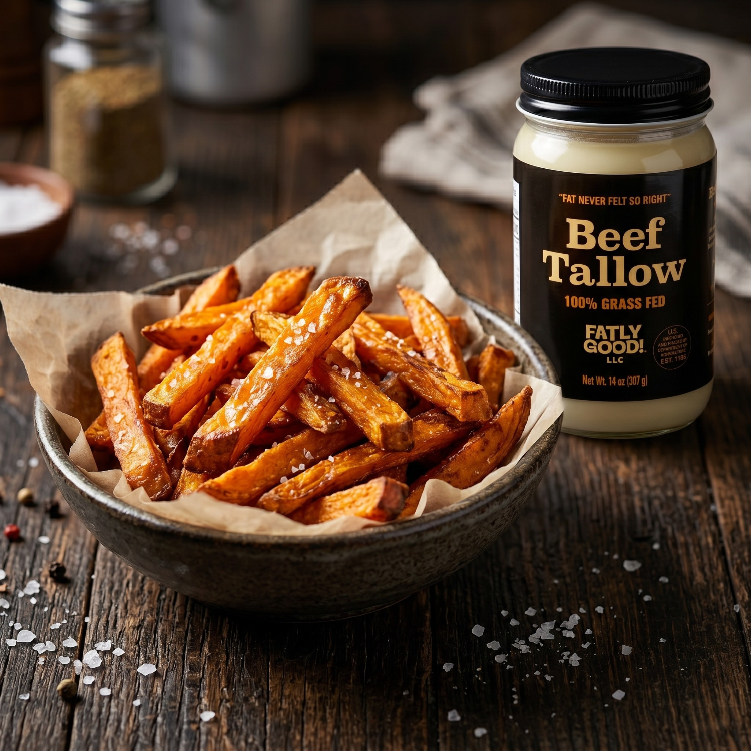 Bowl of sweet potato fries with a jar of  Fatly Good Beef Tallow on a wooden surface